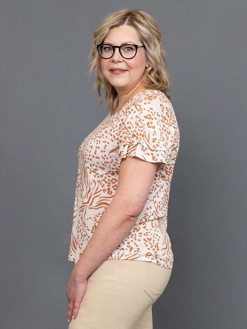 Linen-Blend Ruffle-Sleeve Crew Neck Top  Image 3