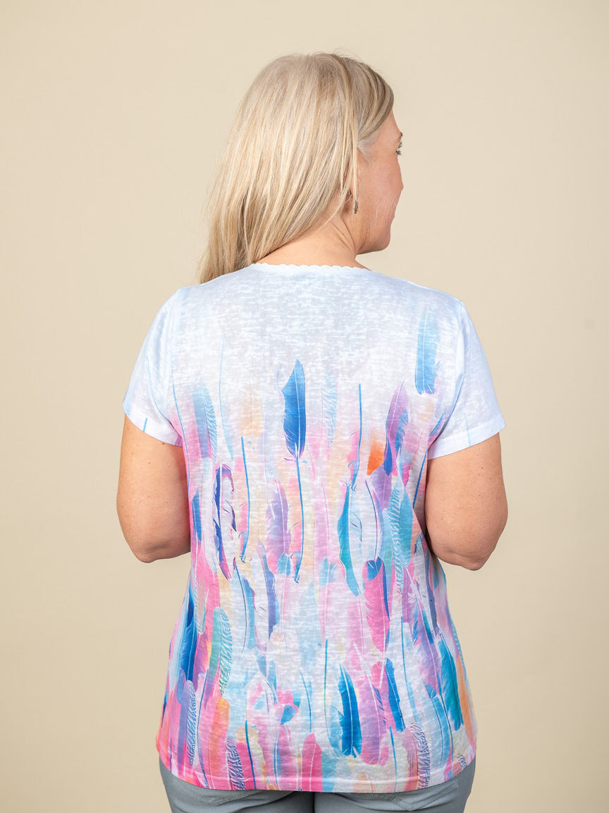 Feather Print Short Sleeve Top with Lace Neckline Image 2