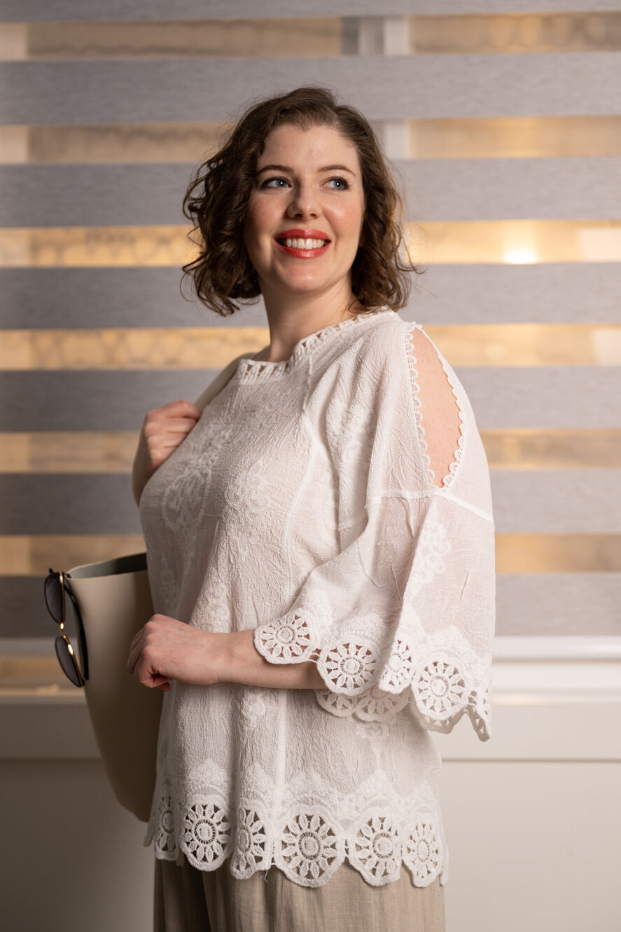 Split Sleeve Embroidered Boat Neck Top Image 3