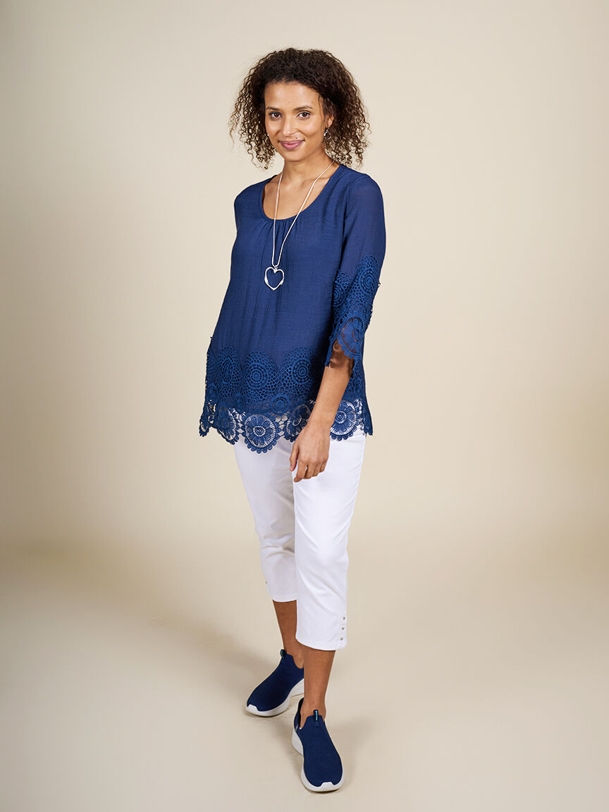 &frac34; Sleeve Blouse with Crochet Detail  Image 4