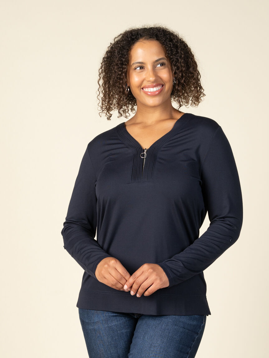 Roll Tab Long Sleeve Top with V-Neck Zipper