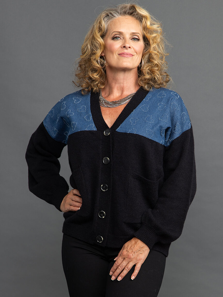 V-Neck Cardigan w/ Denim Panel