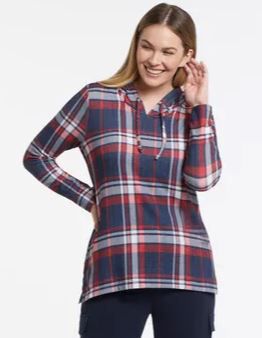 Relaxed Brushed Plaid Lightweight Airy Knit Hoodie Shirt Image 4