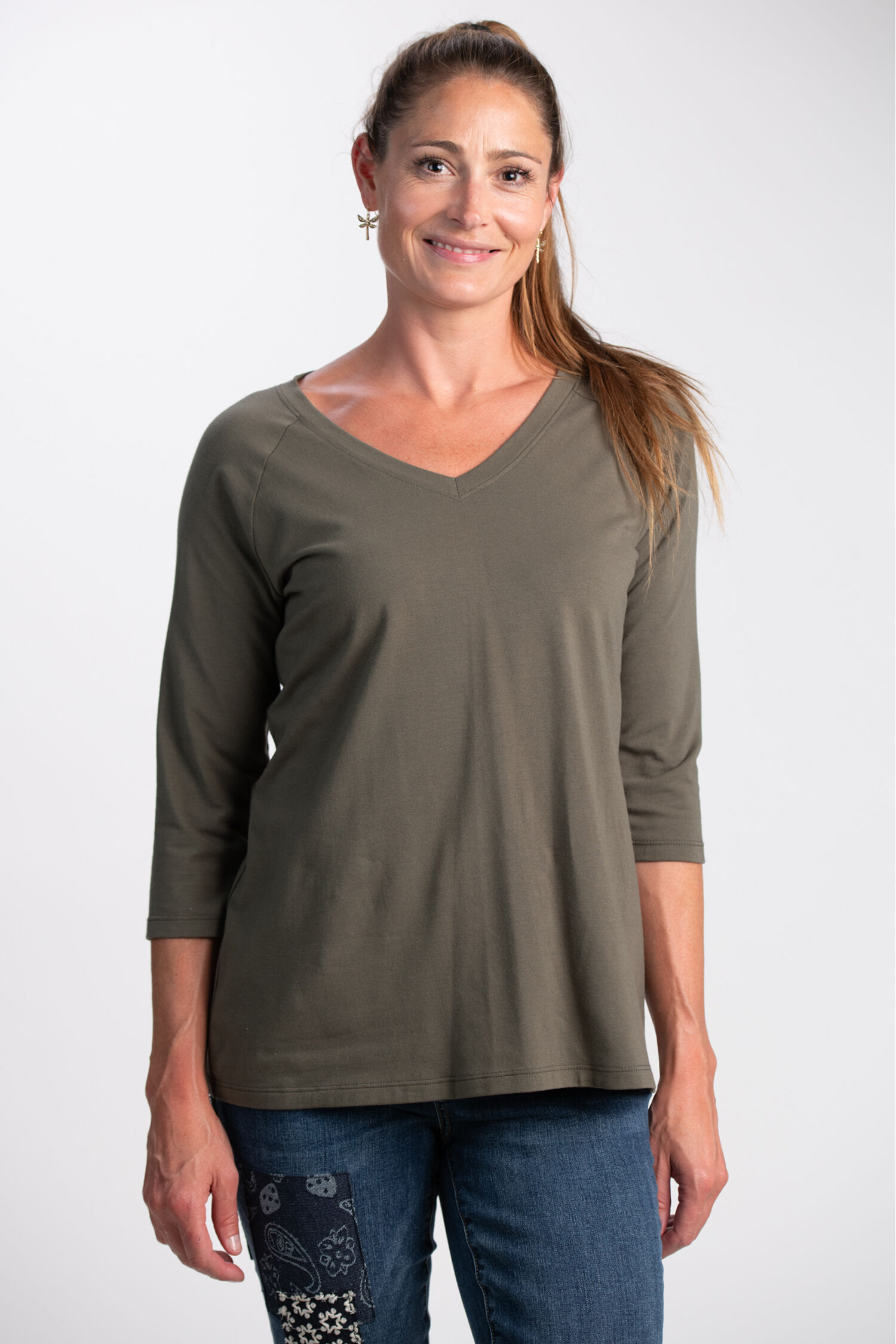 &frac34; Sleeve Cotton V-Neck  Image 1