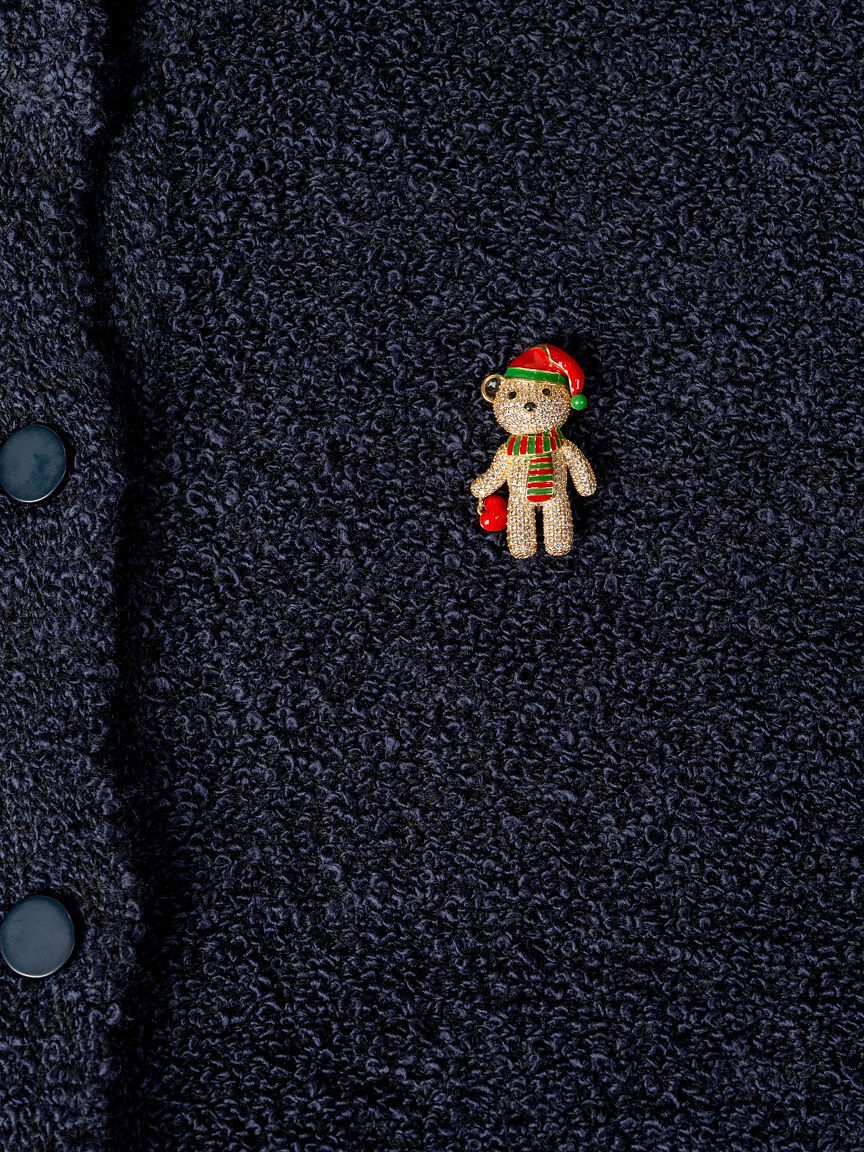 Festive Diamond Teddy Bear Pin