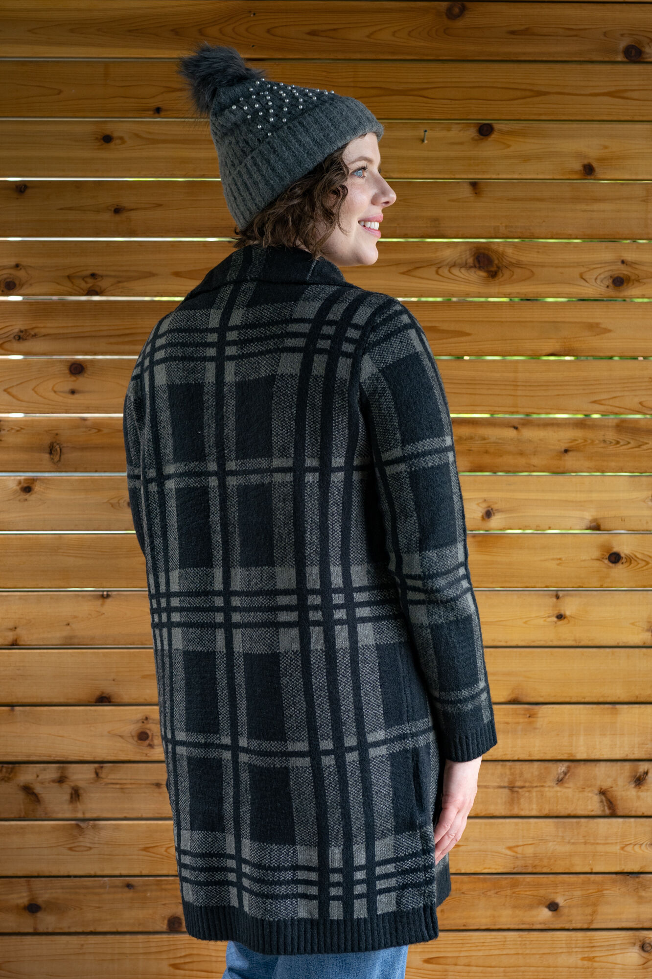 Plaid Jacquard Grey-Black Pocket Cardigan Image 2