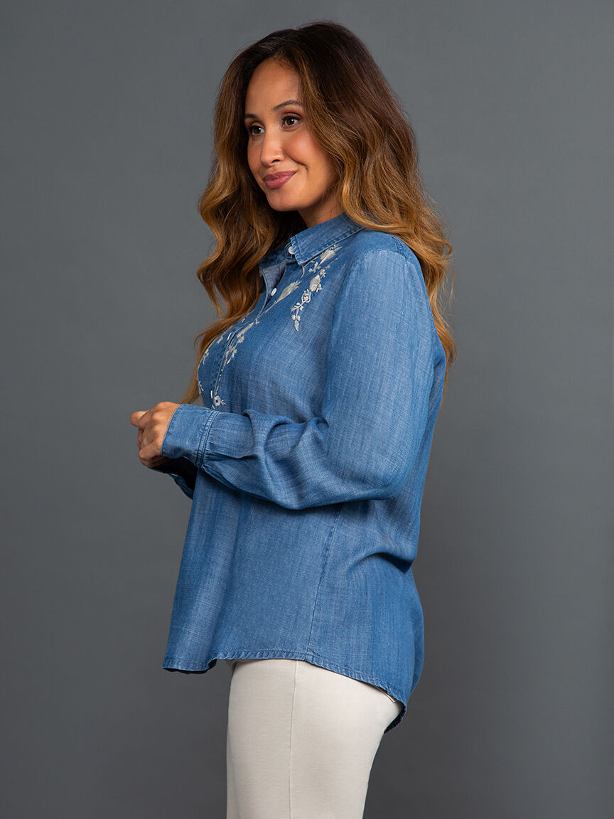 Button Down Tencel Blouse w/ Embroidery Image 3
