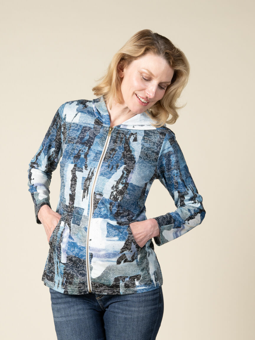 Long Sleeve Zipper Front Floral Cardigan With Hood