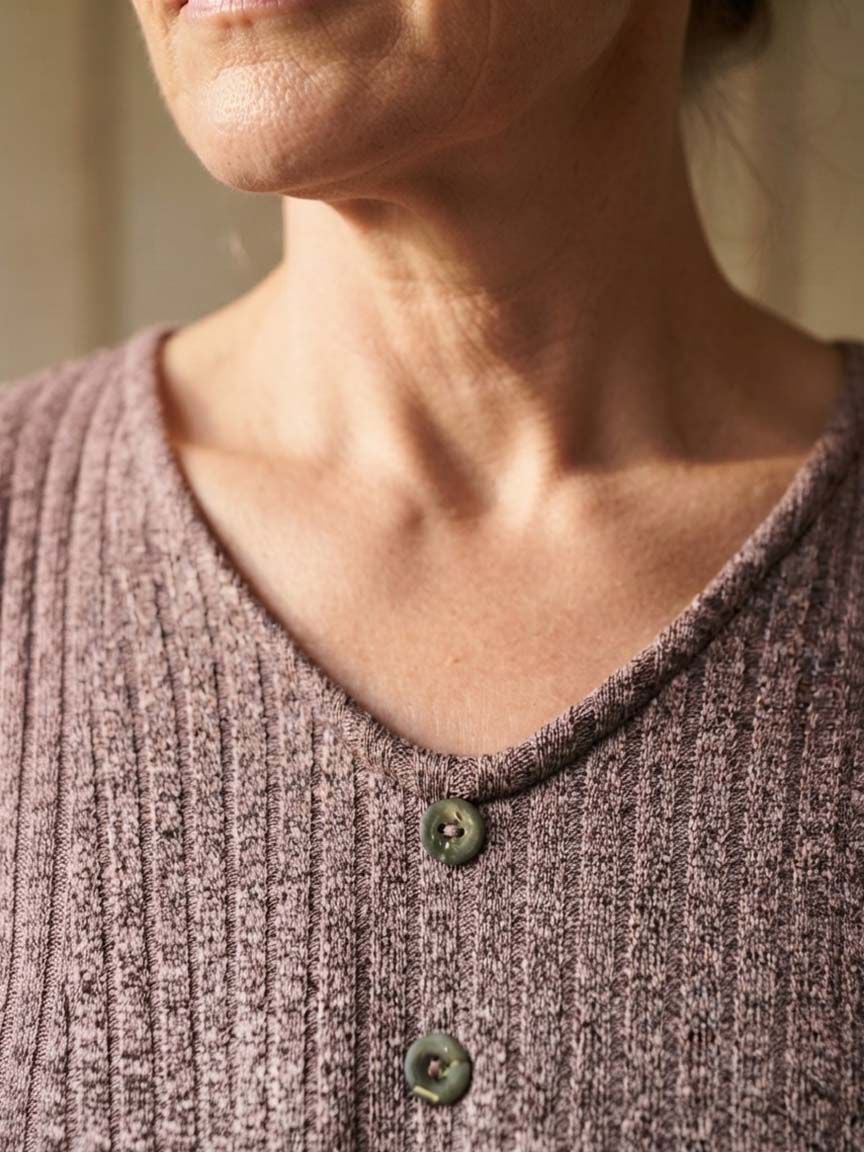 Ribbed Elbow Sleeve V-Neck With Button Detail