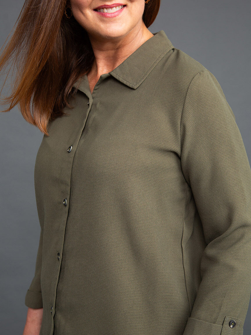 Waffle Knit &frac34; Sleeve Button Down Blouse