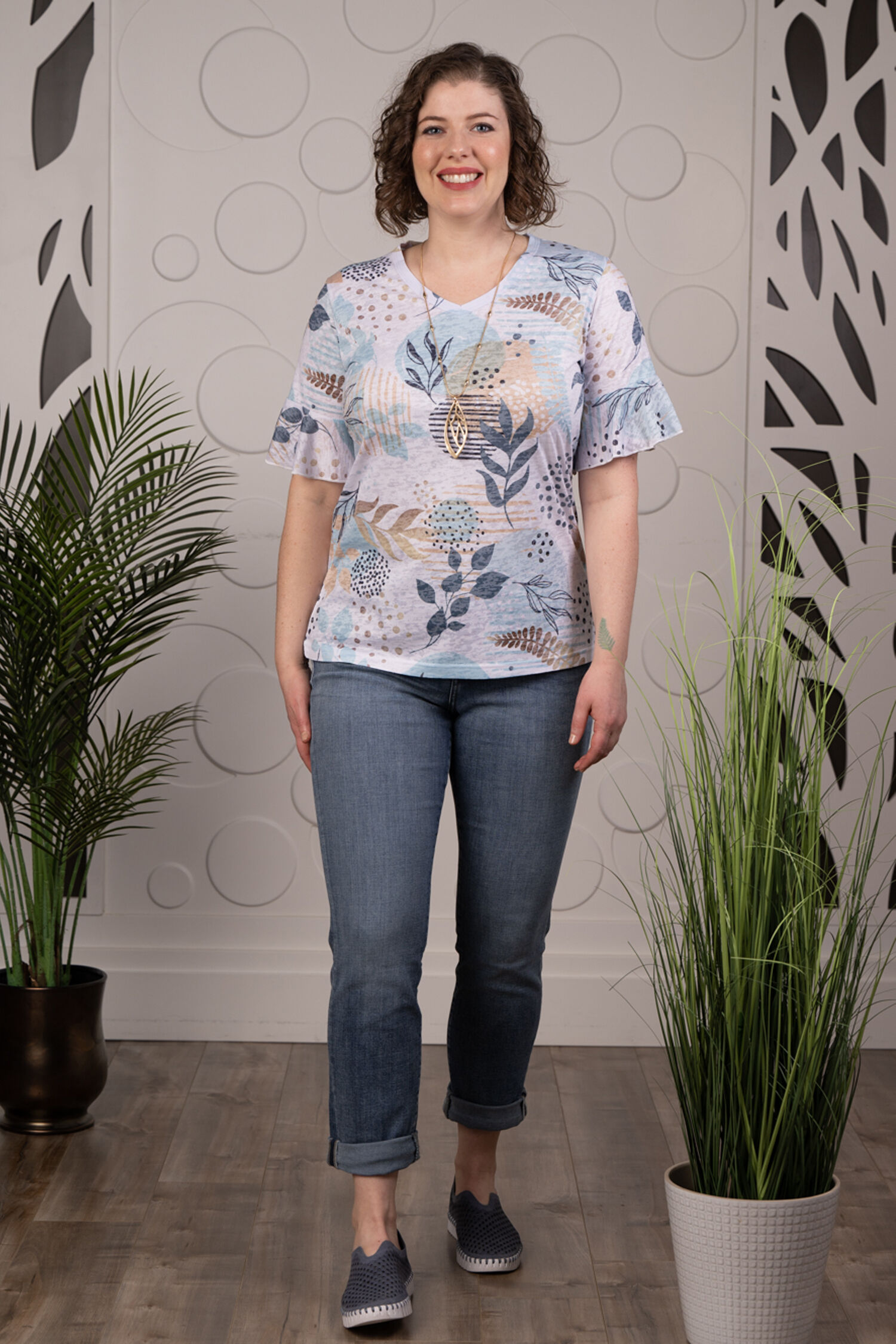 Ruffle Sleeve V-Neck Burnout Top Image 1