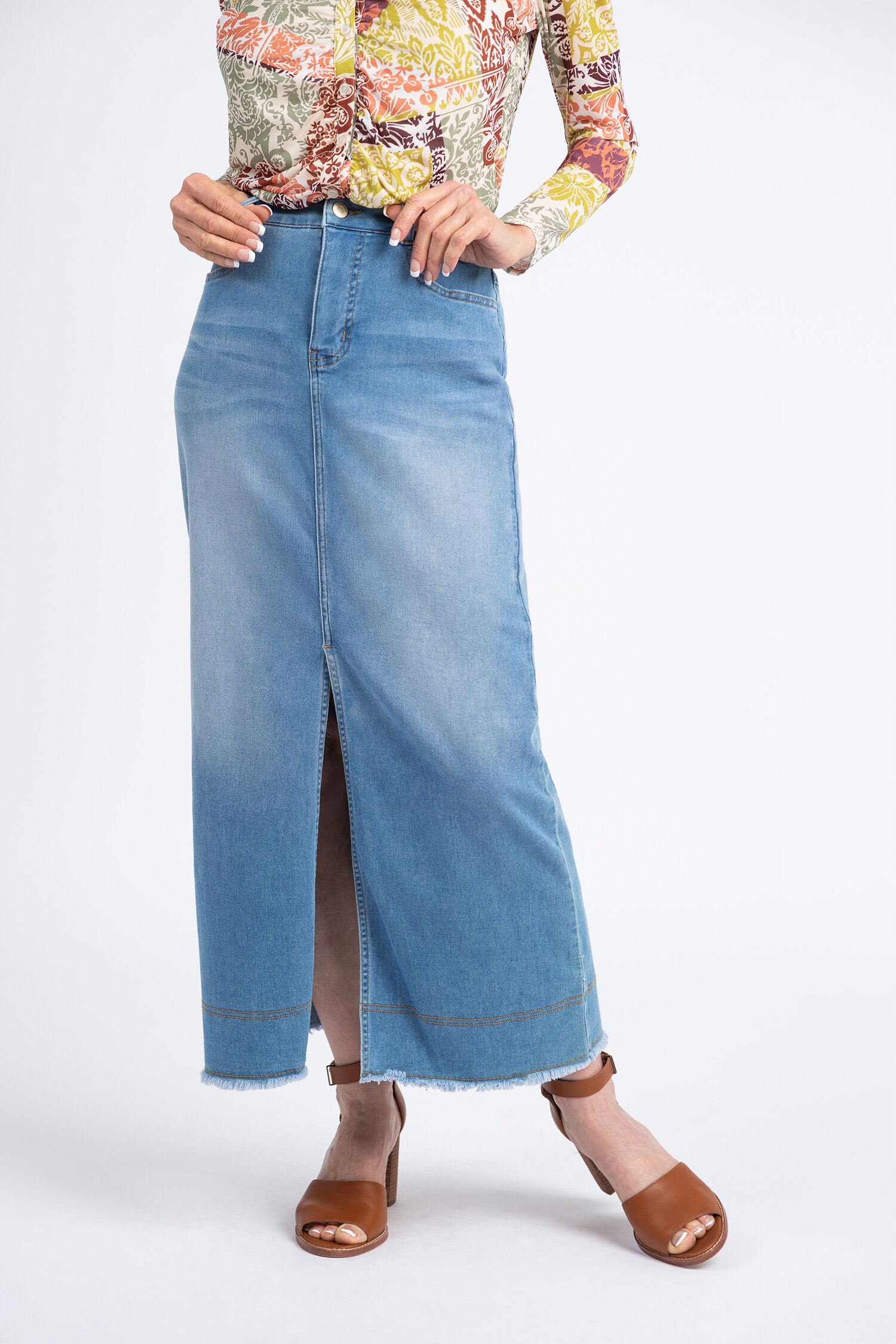 Long Denim Skirt w/ Front Slit Image 1