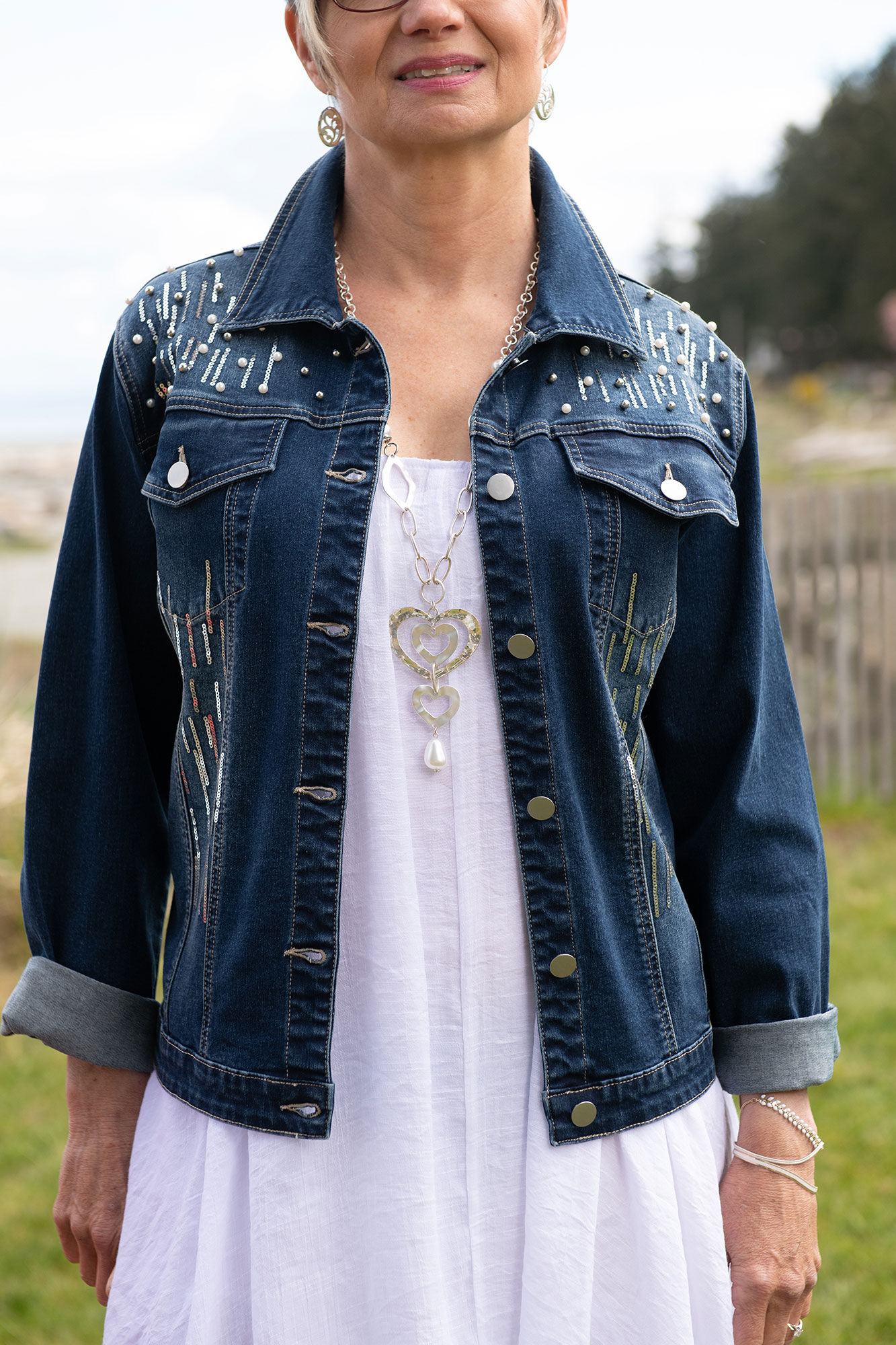 Pearl Sequins Dusted Denim Jacket Image 1