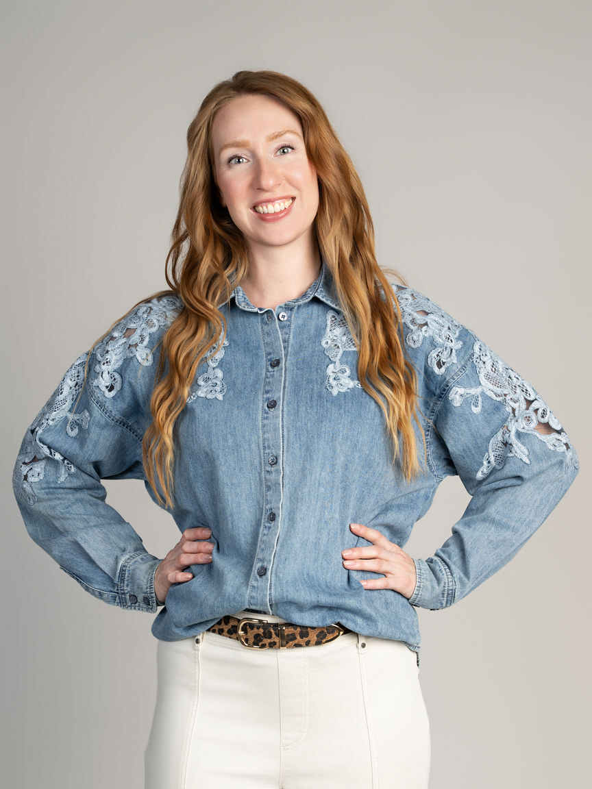 Lace Shoulder Denim Blouse