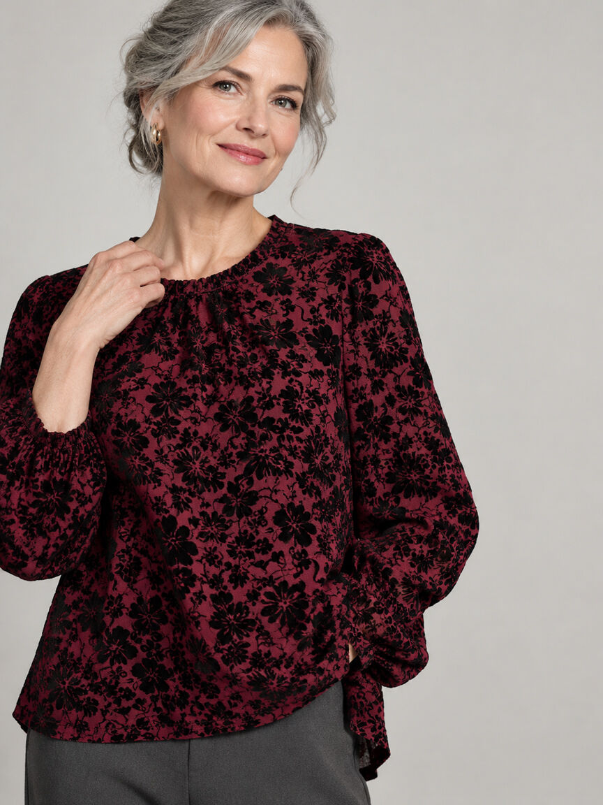 Long Sleeve Floral Burnout High-Low Blouse