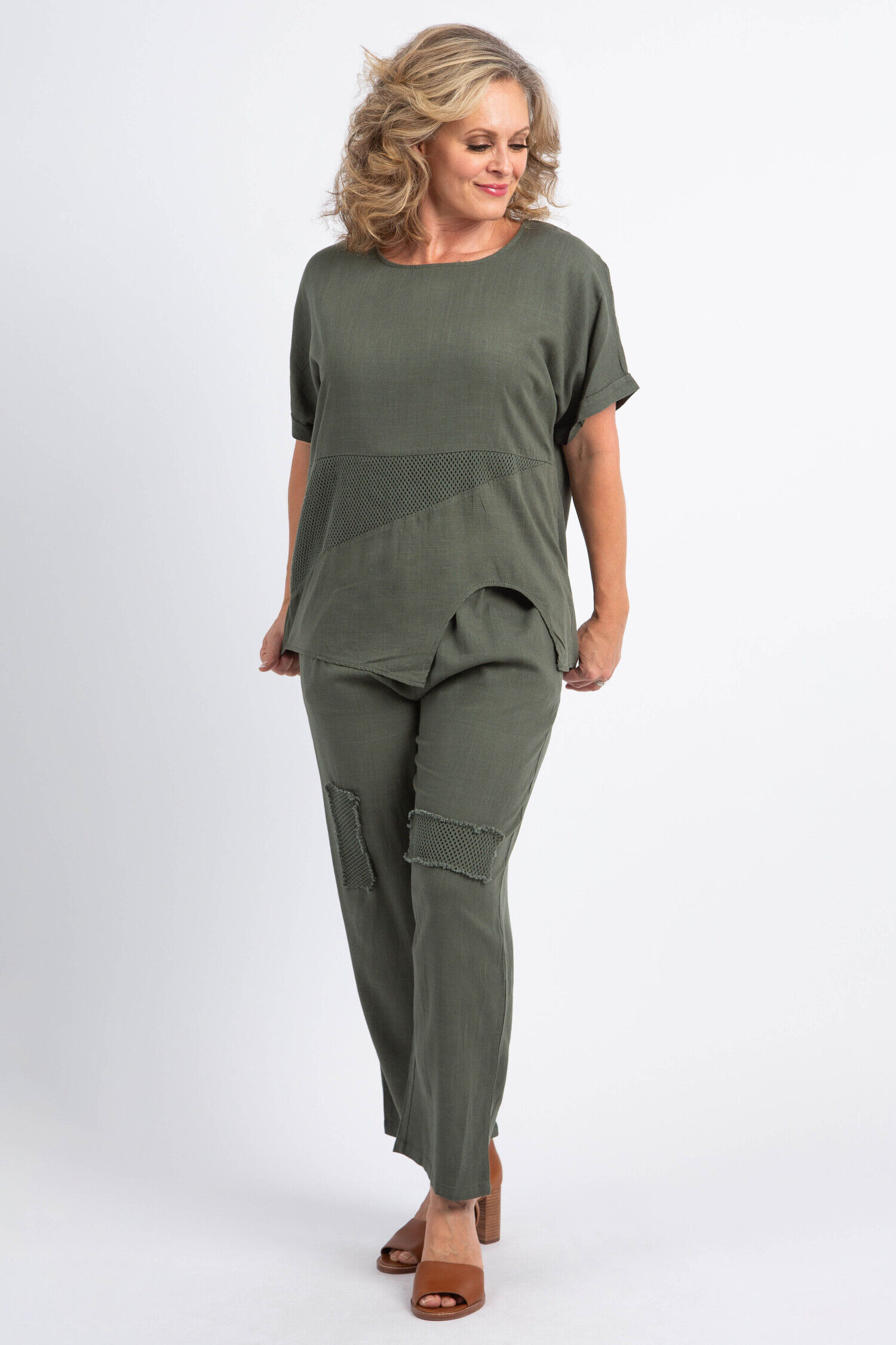 Linen Blend Top w/ Cutout Hem Image 2