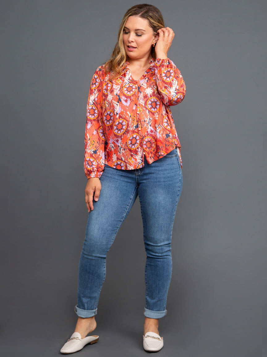 Ruffle Collar Jacquard Blouse, Red