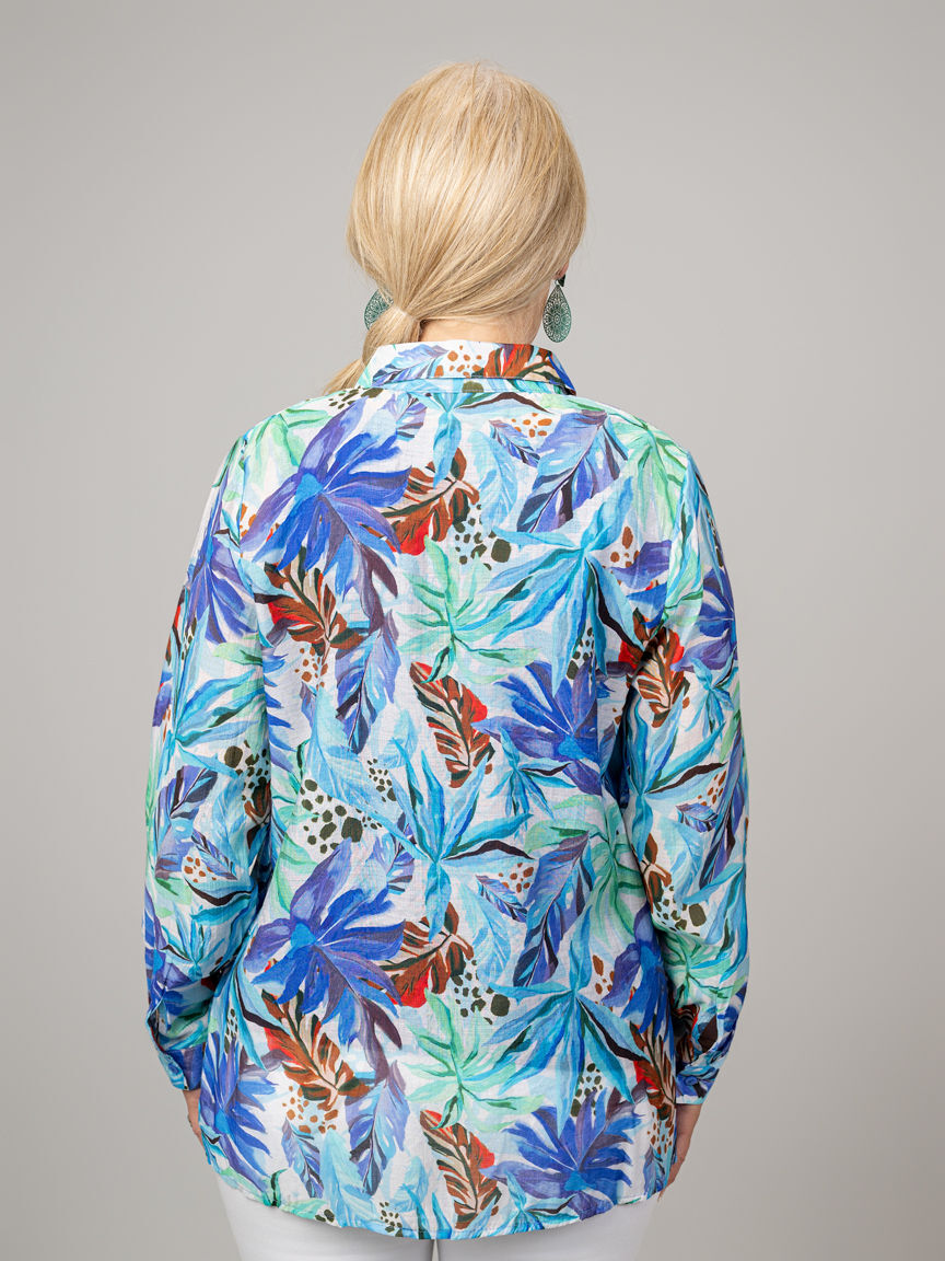 Long Sleeve Tropical Print Button Down Shirt