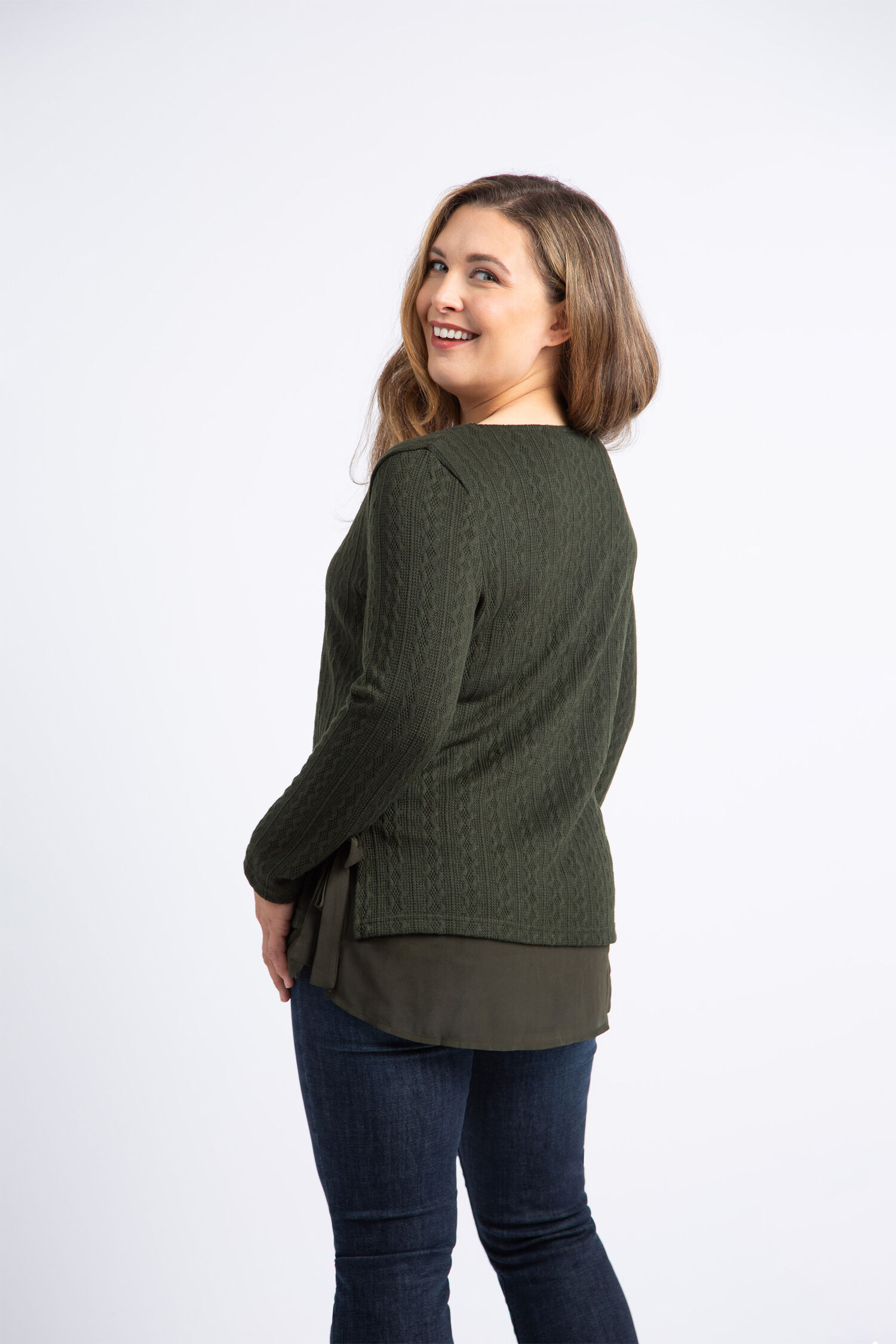 Cable Knit Sweater w/ Chiffon Underlay  Image 4