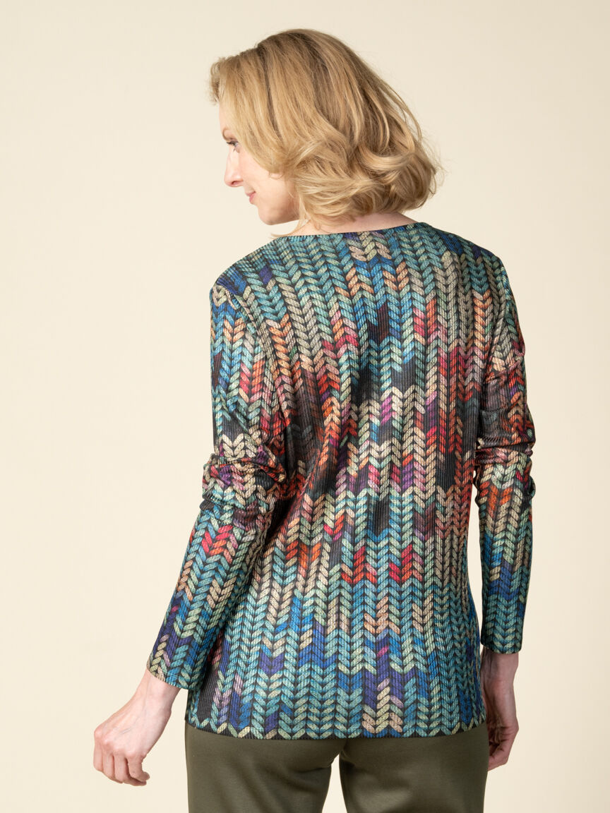Long Sleeve Scoop Neck Colorful Pattern Top