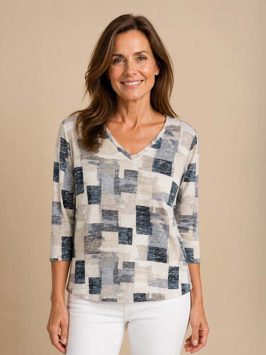 3/4 Sleeve Button Detail V-Neck Top
