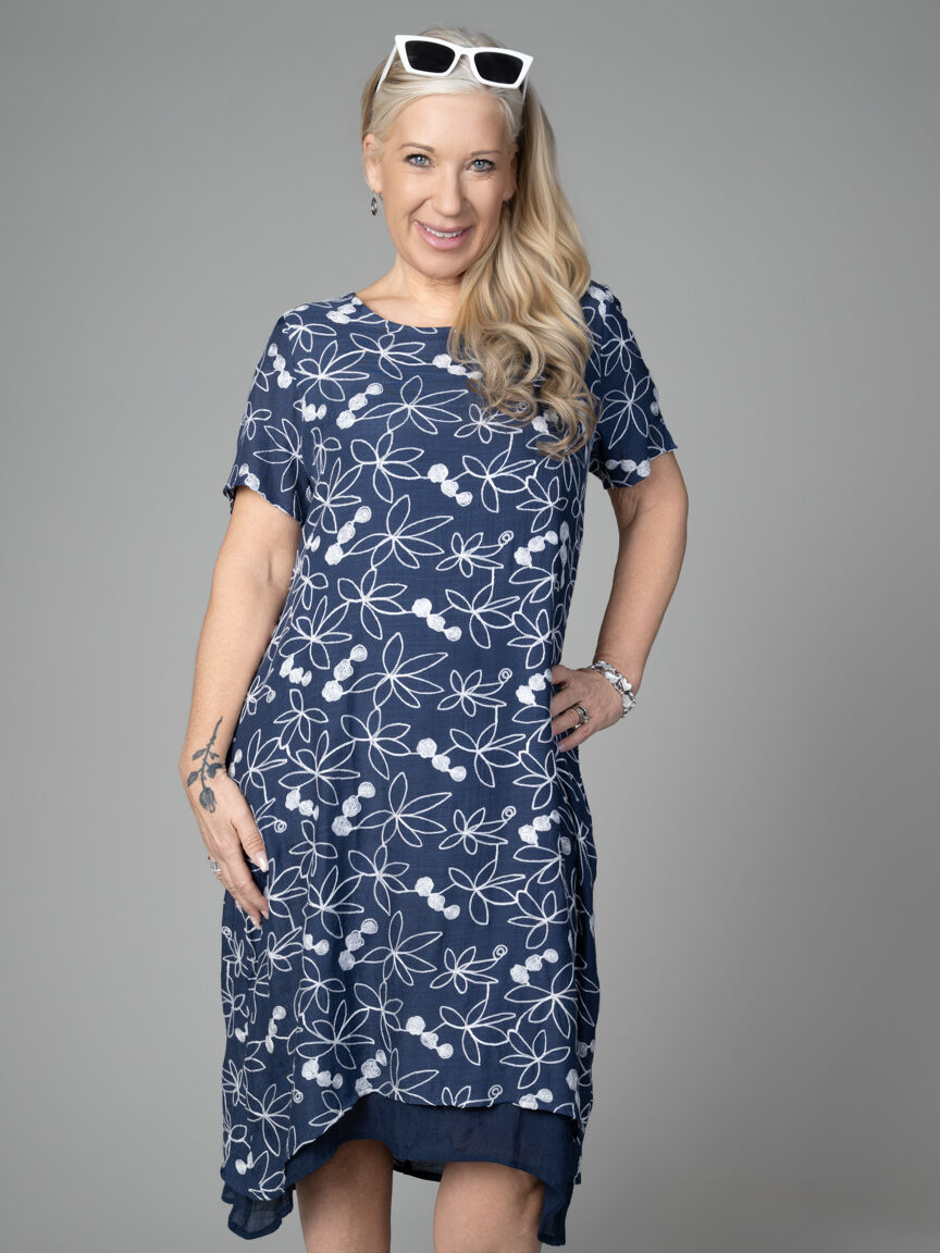 Embroidered Floral Midi Dress with Layered Hem