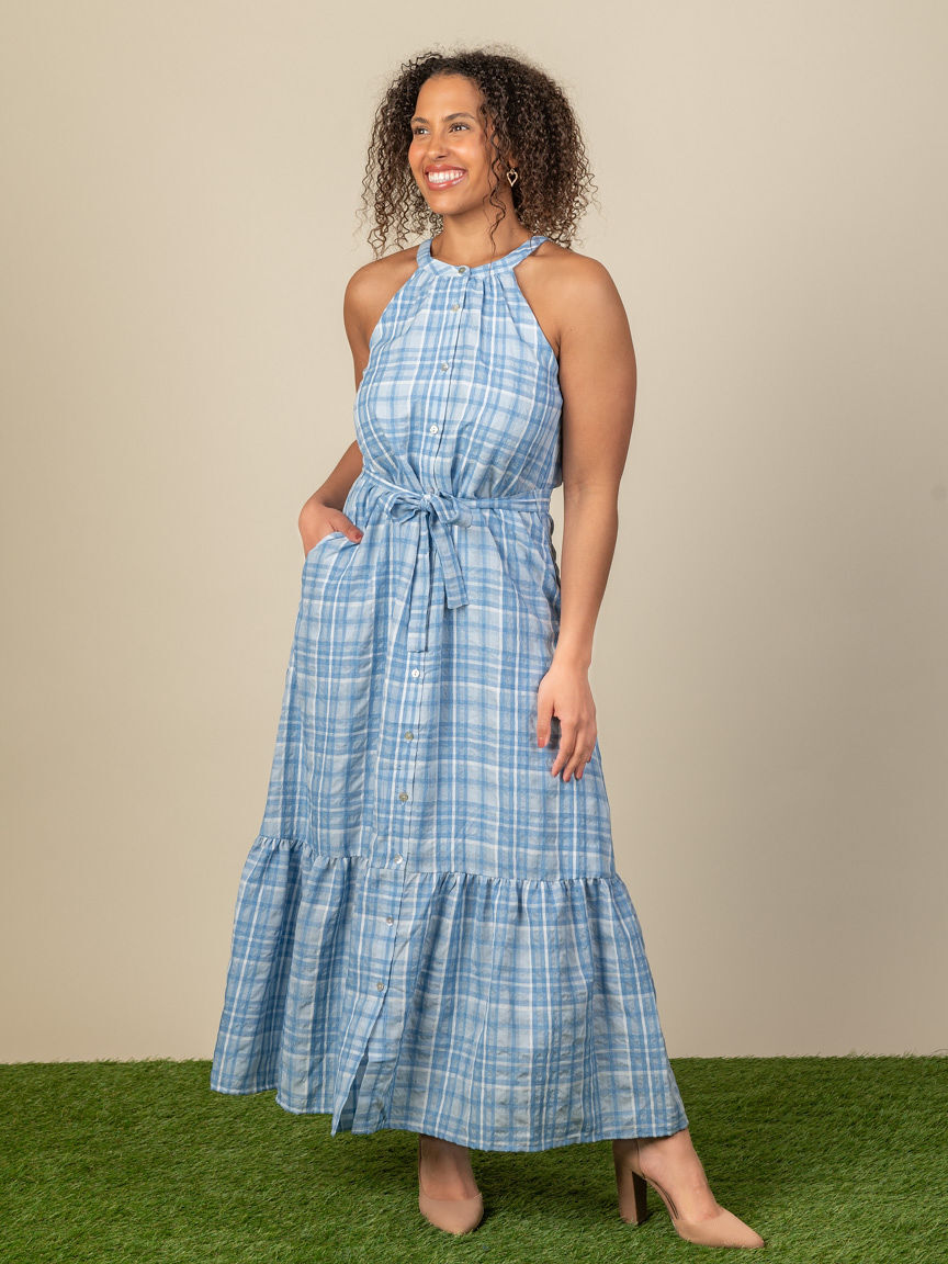 Button-Front Halter Neck Dress With Waist Sash