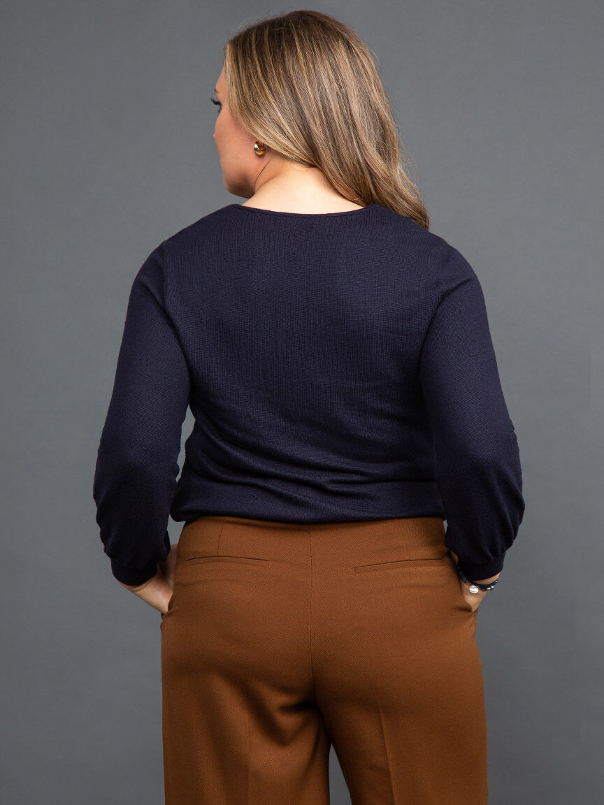 Balloon Sleeve Knit Top w/ Asymmetrical Neckline Image 5