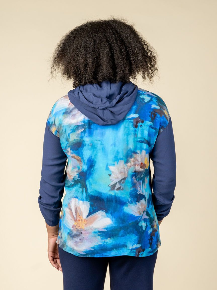 Sheer Hooded Top With 3/4 Sleeve Roll Up Tabs