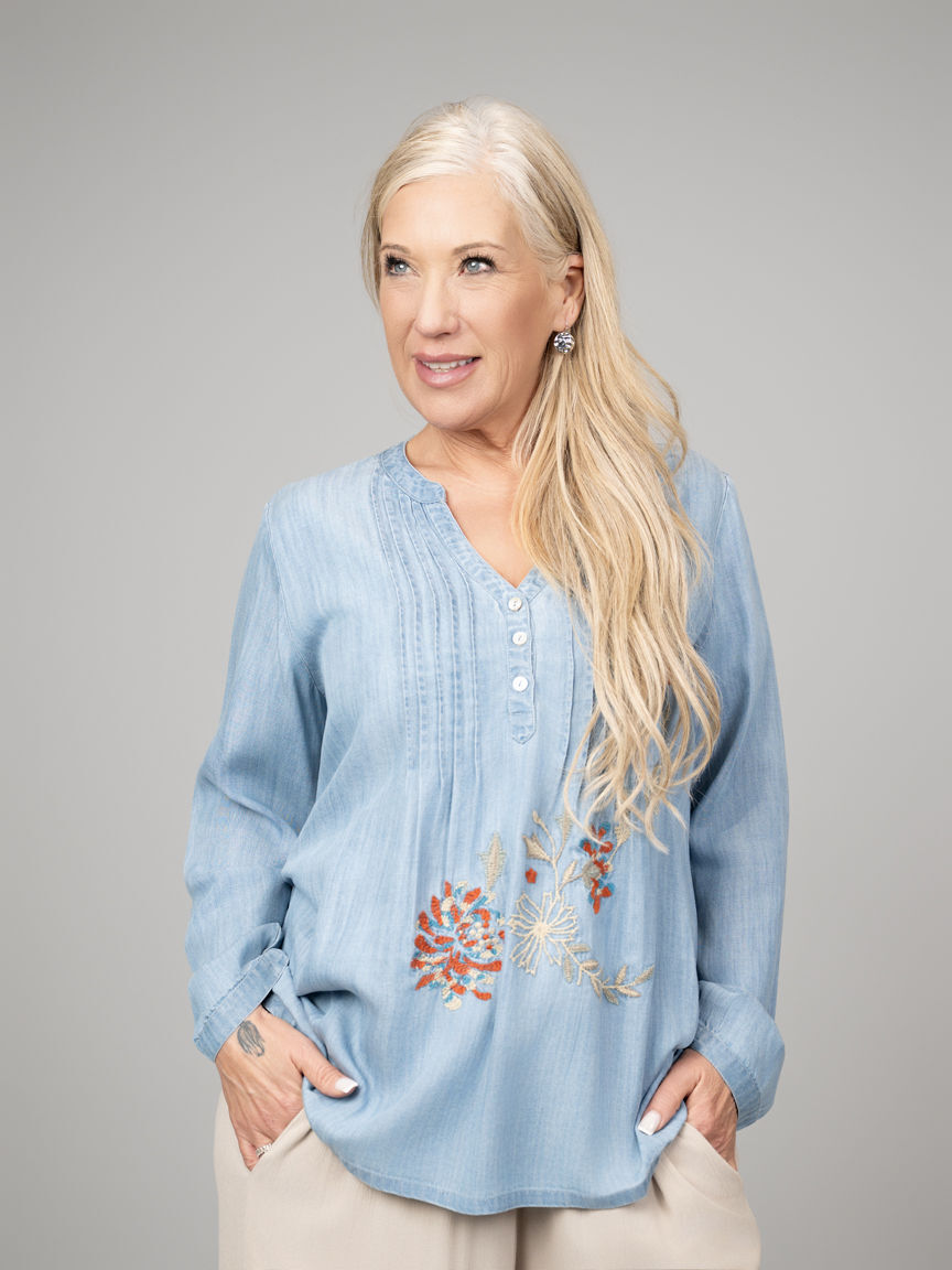 Long Sleeve Denim Tunic With Embroidery