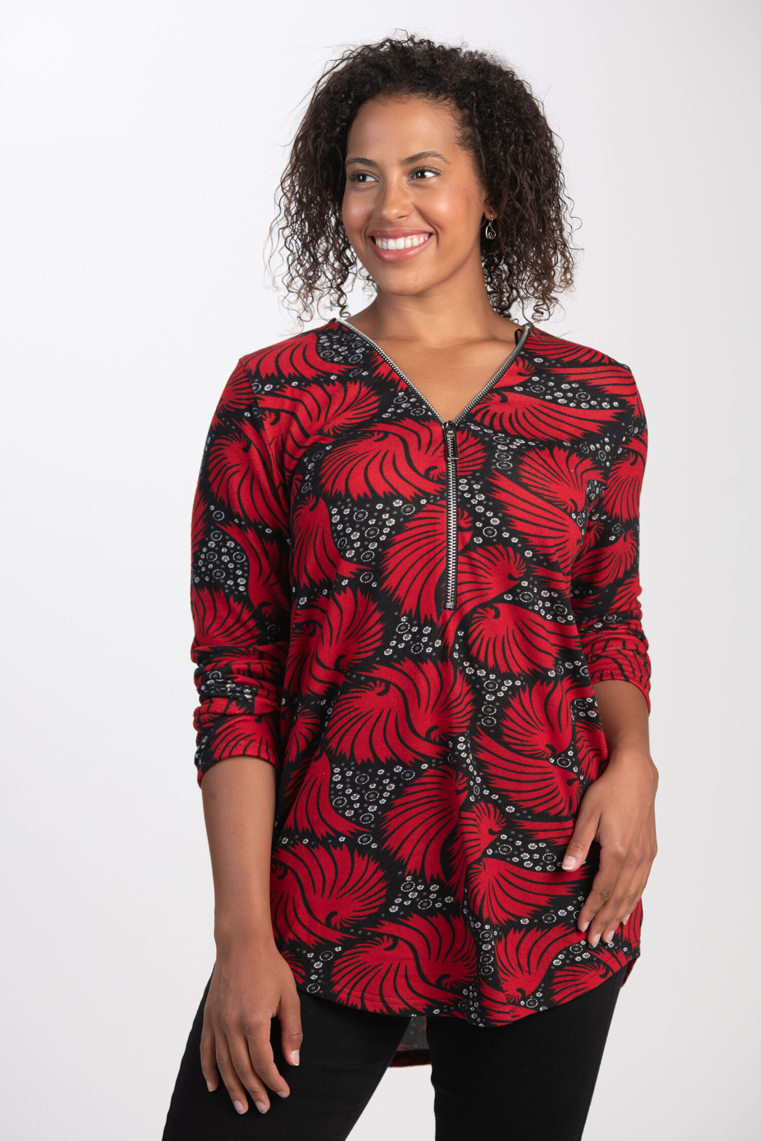 &frac34; Sleeve Zippered V-Neck Top  Image 1