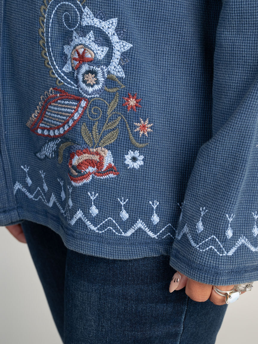 Embroidered Button-Up Waffle Knit Top