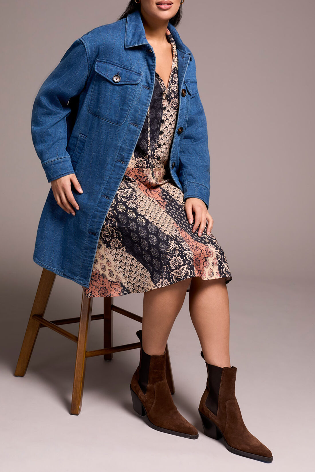 Long Front Buttoned Denim Quilted Jacket