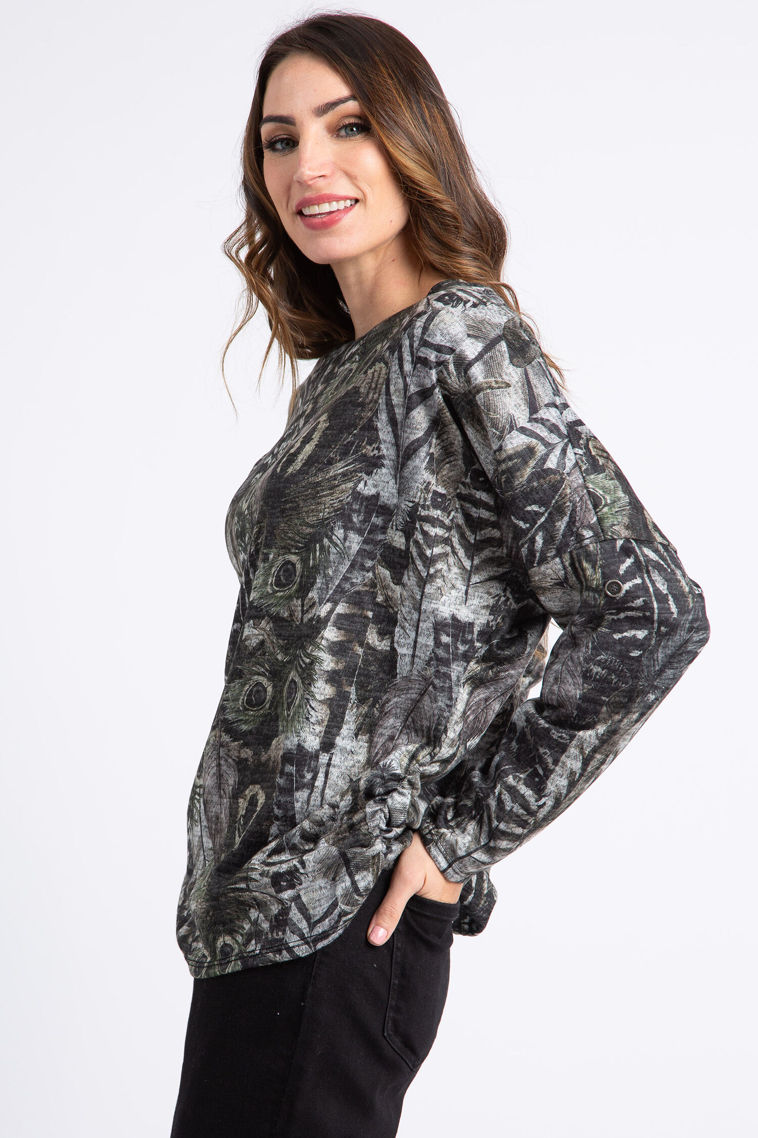 Peacock Print Roll-Tab Sleeve Top Image 2