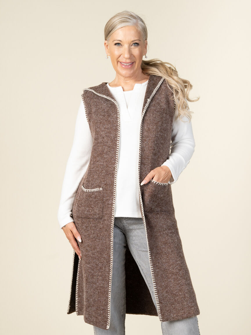Long Vest Cardigan With Hood and Pockets Image 6