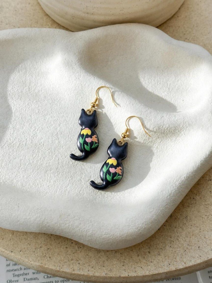 Cat and Floral Drop Earrings