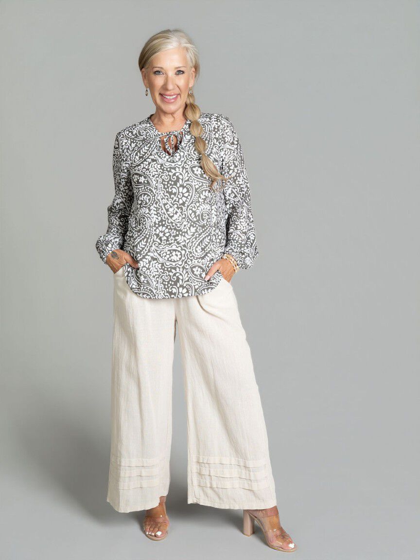 Long Sleeve Paisley Tie-Neck Blouse