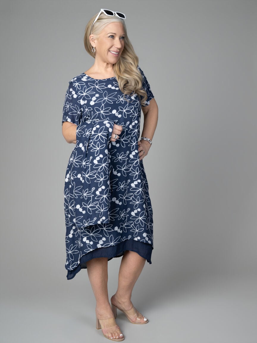 Embroidered Floral Midi Dress with Layered Hem