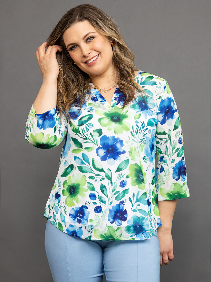 Floral Printed &frac34; Sleeve Top with Rollup Tab  Image 2