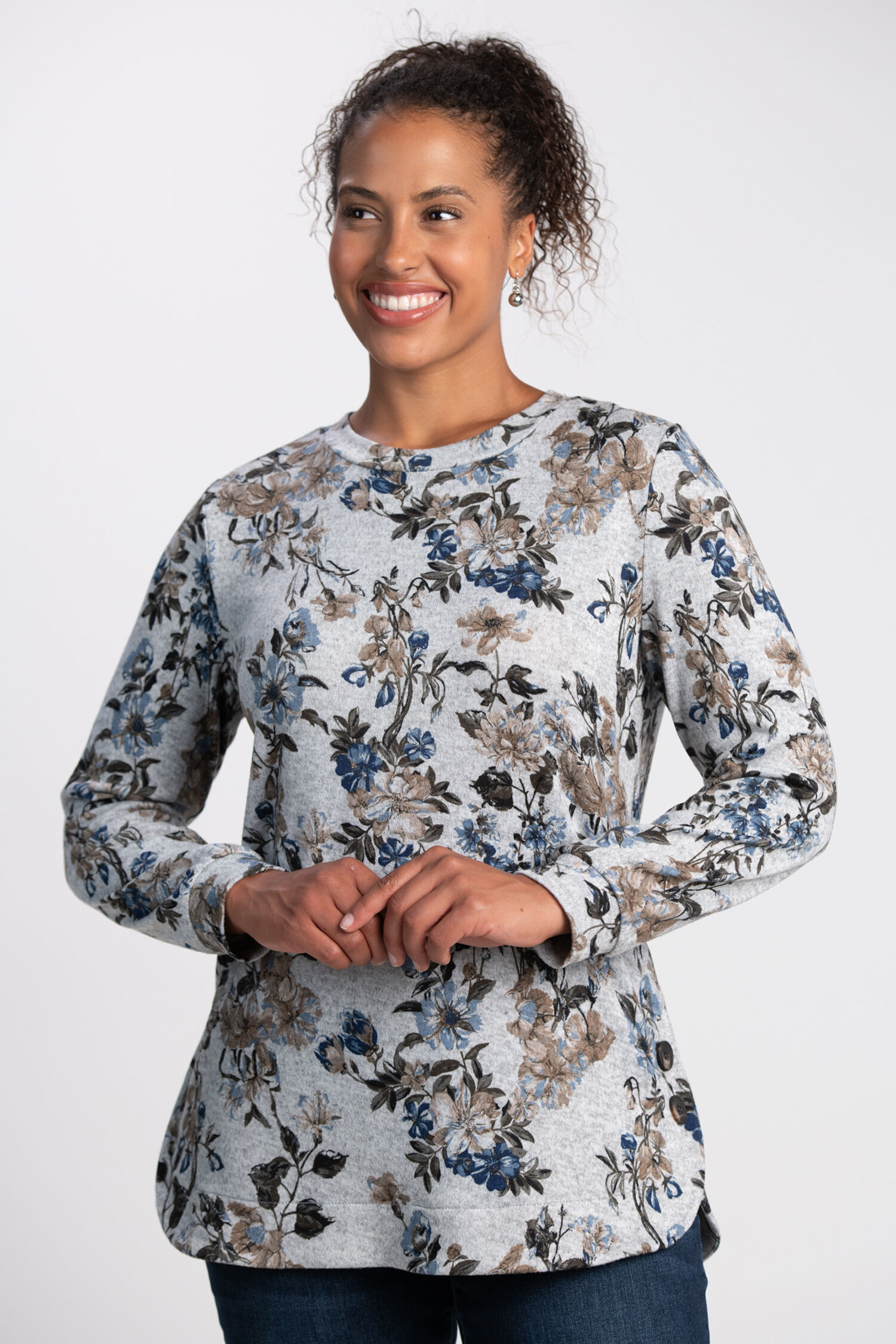 Long Sleeve Top w/ Buttons , Navy