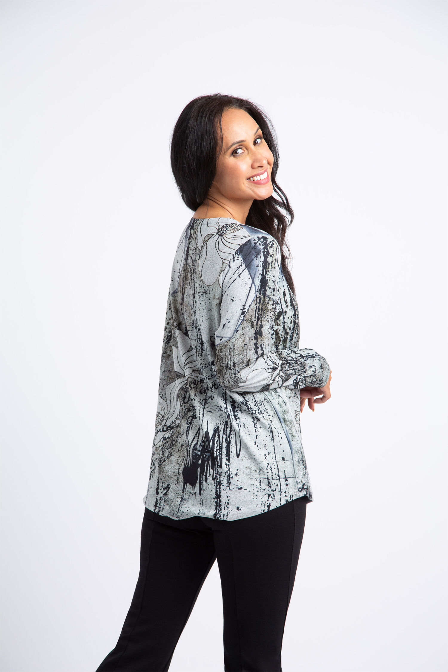 Long Sleeve V-Neck Top w/ Flowers Image 3