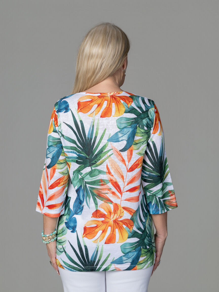 3/4 Sleeve Printed Top With Lace Hem