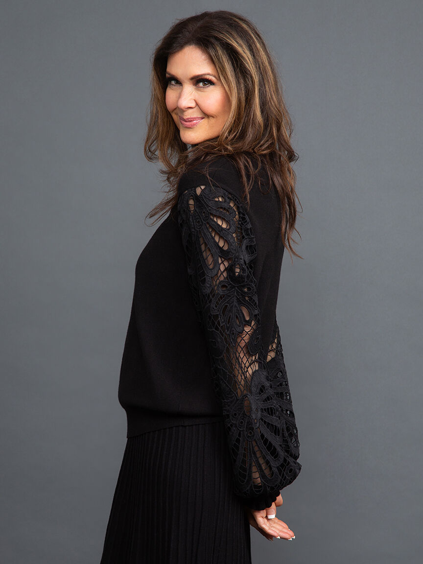 Crewneck Sweater w/ Lace Balloon Sleeves Image 3