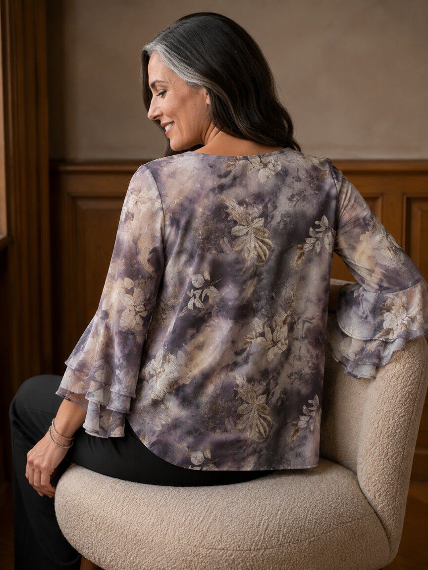 3/4 Sleeve Sheer Overlay Blouse