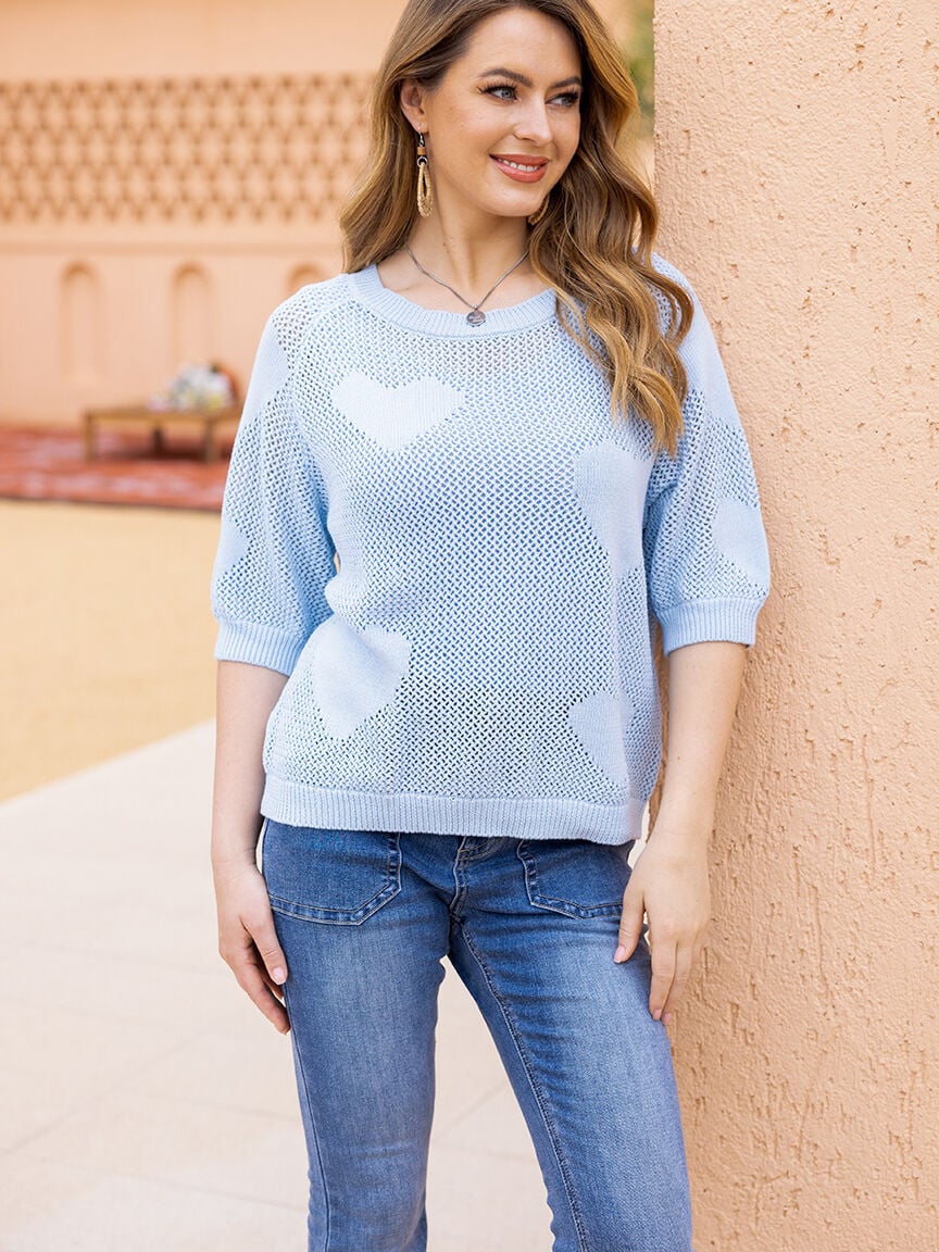 Open Knit Elbow Sleeve Sweater With Hearts