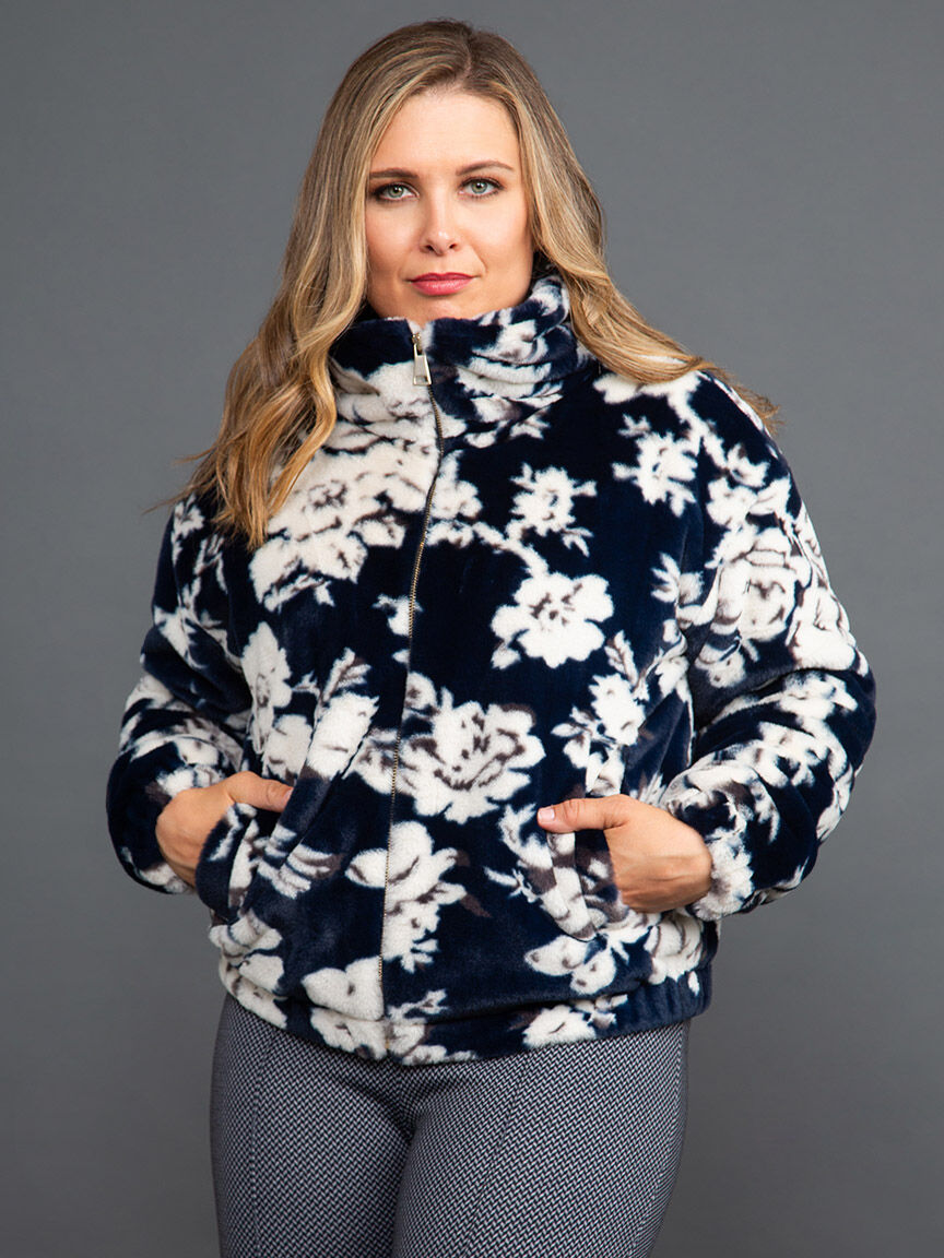 Faux Fur Floral Zip-Up Jacket Image 2