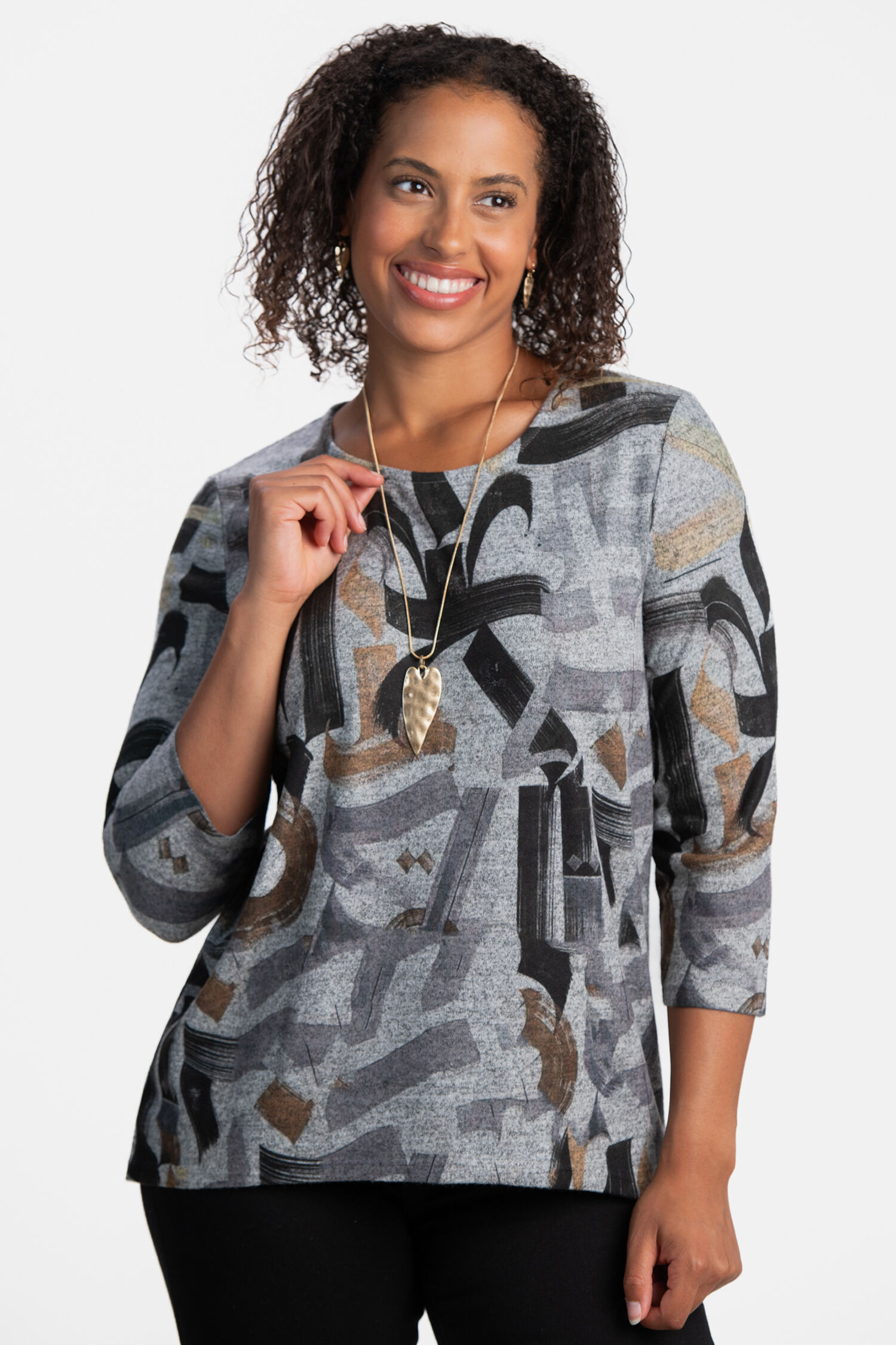 &frac34; Sleeve Abstract Print Top  Image 1