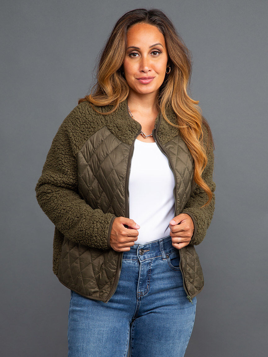 Quilted Front Long Sleeve Zip-Up Sherpa Jacket Image 2