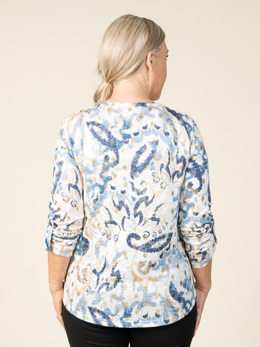 Long Sleeve Roll Tab Henley Top with Gold Foil