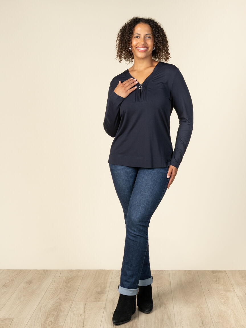 Roll Tab Long Sleeve Top with V-Neck Zipper